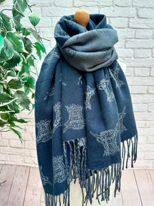Thick Reversible Highland Cow NAVY BLUE Tassel Pashmina Winter Scarf