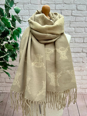 Thick Reversible Highland Cow CREAM BEIGE Tassel Pashmina Winter Scarf