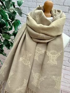 Thick Reversible Highland Cow CREAM BEIGE Tassel Pashmina Winter Scarf