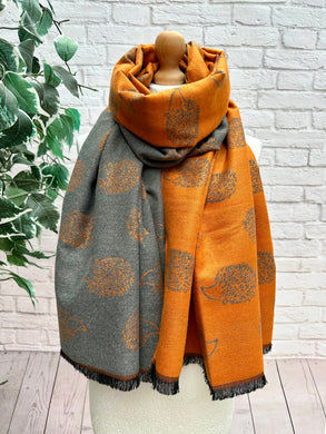 Thick Reversible Hedgehog BURNT ORANGE GREY Fringed Pashmina Winter Scarf