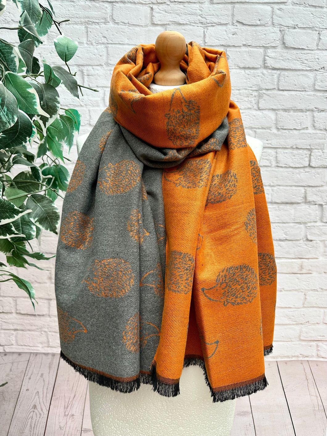 Thick Reversible Hedgehog BURNT ORANGE GREY Fringed Pashmina Winter Scarf