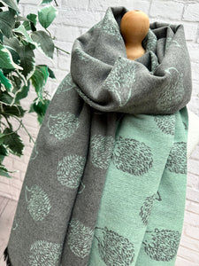 Thick Reversible Hedgehog MINT GREEN GREY Fringed Pashmina Winter Scarf