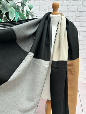 Thick Large Checked TAN BLACK GREY Fringed Pashmina Winter Scarf
