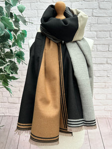 Thick Large Checked TAN BLACK GREY Fringed Pashmina Winter Scarf