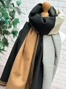 Thick Large Checked TAN BLACK GREY Fringed Pashmina Winter Scarf