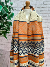 Thick Ikat Dots Multi Patterned ORANGE NAVY CREAM Fringed Pashmina Winter Scarf