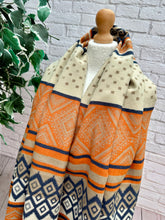 Thick Ikat Dots Multi Patterned ORANGE NAVY CREAM Fringed Pashmina Winter Scarf
