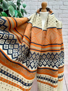 Thick Ikat Dots Multi Patterned ORANGE NAVY CREAM Fringed Pashmina Winter Scarf