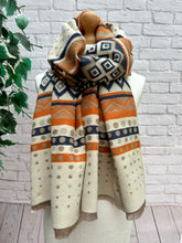 Thick Ikat Dots Multi Patterned ORANGE NAVY CREAM Fringed Pashmina Winter Scarf