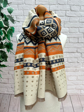 Thick Ikat Dots Multi Patterned ORANGE NAVY CREAM Fringed Pashmina Winter Scarf