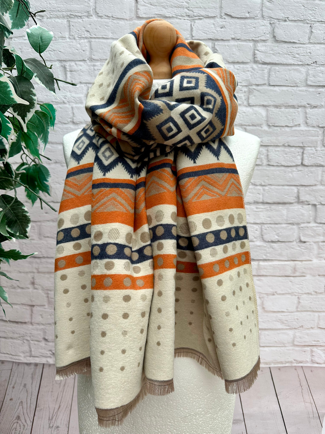 Thick Ikat Dots Multi Patterned ORANGE NAVY CREAM Fringed Pashmina Winter Scarf
