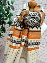 Thick Ikat Dots Multi Patterned ORANGE NAVY CREAM Fringed Pashmina Winter Scarf