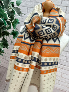 Thick Ikat Dots Multi Patterned ORANGE NAVY CREAM Fringed Pashmina Winter Scarf