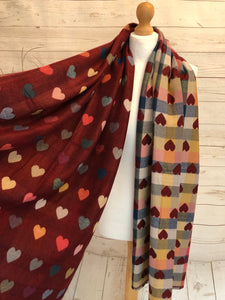 Thick Reversible Multi Coloured Love Hearts Checked Deep RED Pashmina Winter Scarf