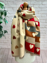 Cream Warm Reversible Love Heart Colourful Design - Soft Winter Scarf - Gift for Her
