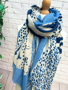 Ladies Bold Tiger & Leopard Animal Print BLUE Fashion Scarf