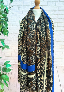 Ladies Leopard & Snake Animal Print with Border BROWN BLUE Fashion Scarf