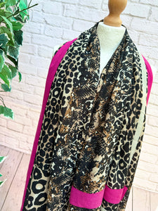 Ladies Leopard & Snake Animal Print with Border BROWN FUCHSIA PINK Fashion Scarf