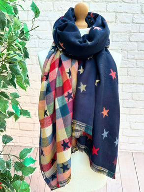 Thick Reversible Multi Coloured Stars Checked NAVY BLUE Pashmina Winter Scarf