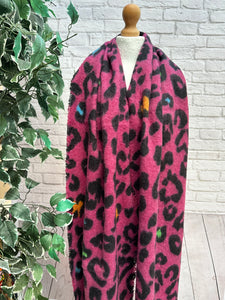 Thick Leopard Animal Print Hearts Tassel Pashmina Winter Scarf - PINK