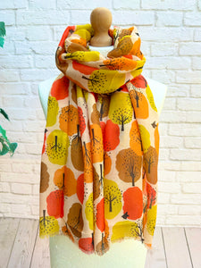 Ladies Bold Abstract Tree Print Frayed BROWN YELLOW RED Fashion Scarf
