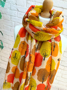 Ladies Bold Abstract Tree Print Frayed BROWN YELLOW RED Fashion Scarf