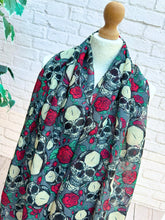 Ladies Skulls and Roses Print Frayed GREY RED Fashion Scarf