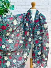 Ladies Skulls and Roses Print Frayed GREY RED Fashion Scarf