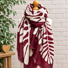 Ladies Bold Leaf Print Oversized Fashion Scarf –Red Wine & White