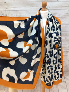 Ladies Bold Leopard Animal Print NAVY BLUE ORANGE Fashion Scarf