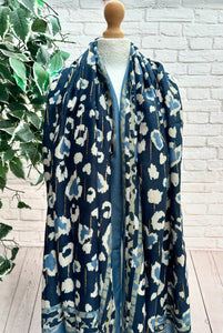 Leopard Animal Print Hearts Gold Foil Self Fraying Fashion Scarf - BLUE