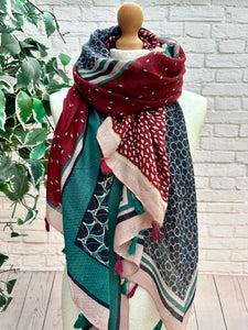 Ladies Little Leaves Print Tassel GREEN NAVY BURGUNDY Fashion Scarf
