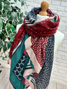 Ladies Little Leaves Print Tassel GREEN NAVY BURGUNDY Fashion Scarf