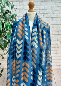 Ladies Multi Coloured Leaf Stems Print DENIM BLUE Fashion Scarf