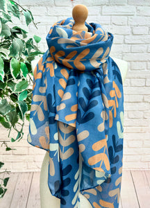 Ladies Multi Coloured Leaf Stems Print DENIM BLUE Fashion Scarf