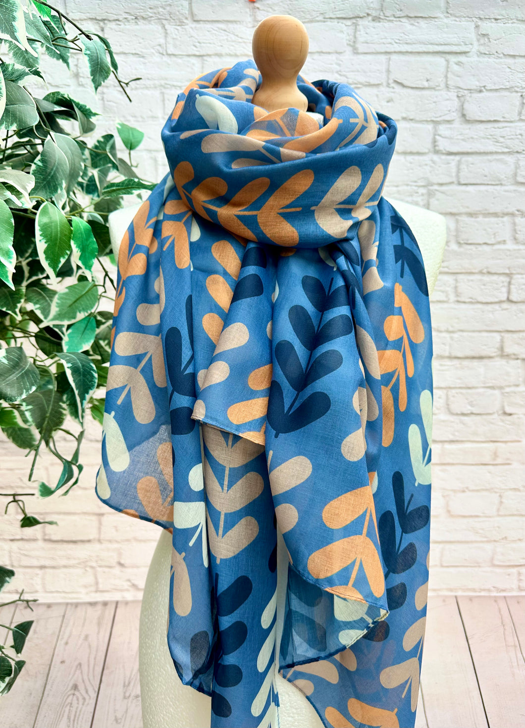 Ladies Multi Coloured Leaf Stems Print DENIM BLUE Fashion Scarf