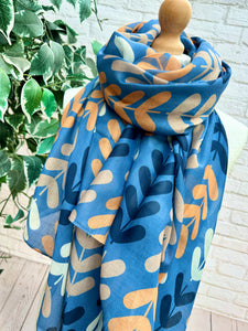 Ladies Multi Coloured Leaf Stems Print DENIM BLUE Fashion Scarf