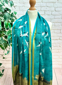 Ladies Silk Blend Japanese Cranes Scene Art Print Fashion Scarf