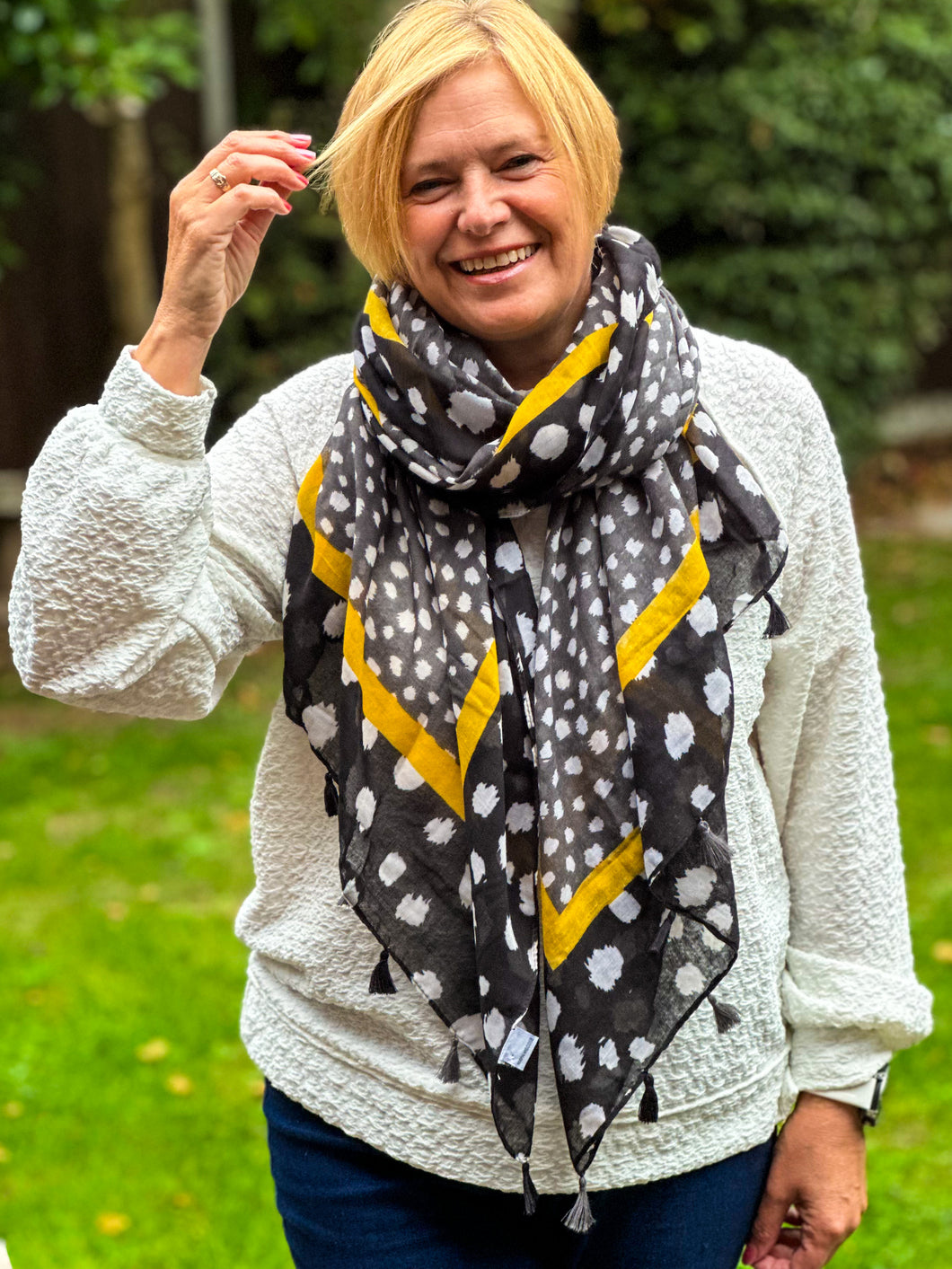 Ladies Polka Dot Print BLACK and YELLOW Tassel Fashion Scarf