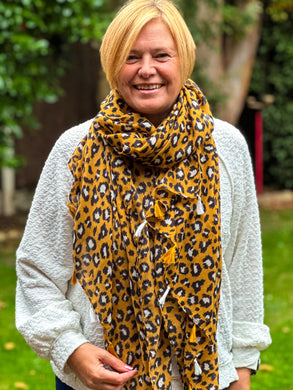 Ladies Leopard Animal Print Camel Black Tassel Fashion Scarf