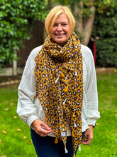 Ladies Leopard Animal Print Camel Black Tassel Fashion Scarf