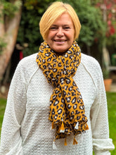 Ladies Leopard Animal Print Camel Black Tassel Fashion Scarf