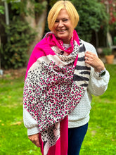 Ladies Bold Tiger & Leopard Animal Print HOT PINK BLACK Fashion Scarf