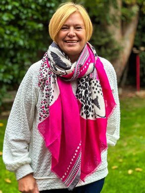 Ladies Bold Tiger & Leopard Animal Print HOT PINK BLACK Fashion Scarf