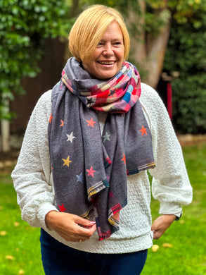 Thick Reversible Multi Coloured Stars Checked GREY Pashmina Winter Scarf
