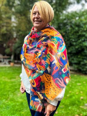 Ladies Funky Leopard & Cactus Print Frayed Fashion Scarf