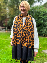 Ladies Bold Leopard Animal Print Black Tassel Fashion Scarf