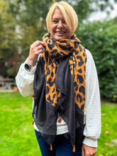 Ladies Bold Leopard Animal Print Black Tassel Fashion Scarf