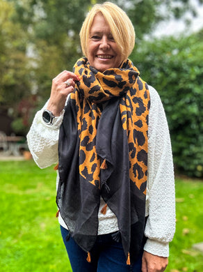 Ladies Bold Leopard Animal Print Black Tassel Fashion Scarf