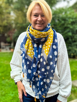 Ladies Polka Dot Print NAVY BLUE and MUSTARD Tassel Fashion Scarf
